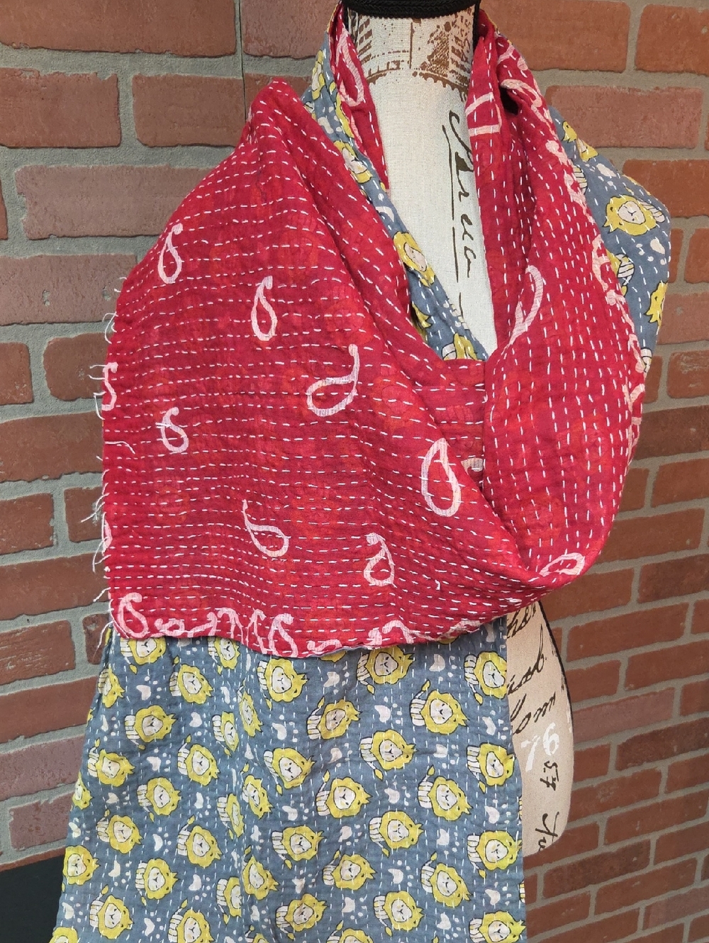 Kantha Red/Gray/Yellow Paisley-Print And Lions!  Reversible Scarf #167